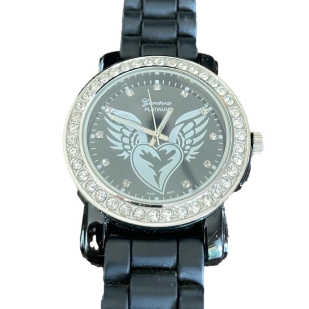 Geneva Platinum Heart‎ With Wings Black Rubber Unisex Watch Stainless Steel